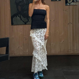 Jupe longue mi-mollet en mousseline unie à taille haute et dentelle pour femme, style européen et américain, mode estivale - Product Image 4