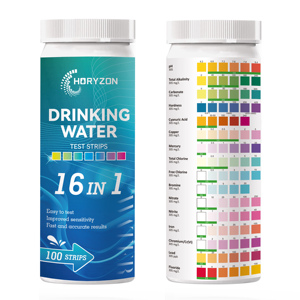 Bandelettes de <span class=keywords><strong>test</strong></span> d'eau potable HORYZON 16-en-1, kit professionnel de <span class=keywords><strong>test</strong></span> de la qualité de l'eau du puits et de l'eau du robinet, 100 bandelettes/flacon - Product Image 1