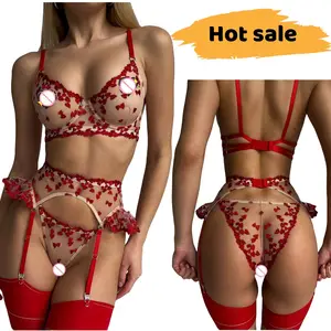 Abbigliamento da donna sexy esotico trasparente lingerie con perizoma 3 pezzi all'ingrosso lingerie ricamata floreale sexy lingerie