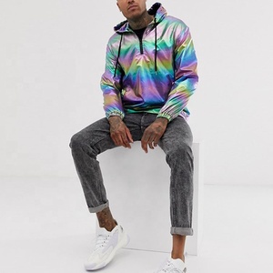 Reflective <strong>Jacket</strong> Nylon Custom Iridescent Holographic Reflective <strong>Safety</strong> Cool Zip up Hoodie <strong>Jacket</strong> for Men With Drawstrings - Product Image 4