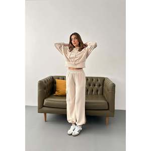 Conjunto de Sudadera con Capucha Beige y Pantalones Cargo para Mujer, Felpa, Casual, Manga Larga, Transpirable - Product Image 5