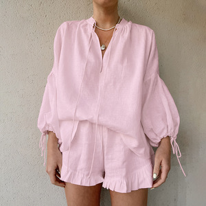 <strong>2026</strong> Spring/Summer European/American Design-Led White <strong>Cotton</strong> Loose Lace-Up Puff-Sleeve Top Shorts Two-Piece Set Women's - Product Image 2