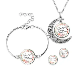 Handmade Holy Writ Bible Glass Cabochon Stud Earrings Creative Crescent Moon Necklace Bracelet Women Girl Bible Jewelry Set