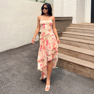 เดรสยาวลายดอกไม้สไตล์วินเทจเรโทร ผ้าตาข่ายแบบไม่สมมาตร แต่งระบายเป็นชั้นๆ ดีไซน์เปิดหลังไขว้หลัง  ชุดเดรสสายเดี่ยวอเนกประสงค์สำหรับฤดูร้อน - Product Image 5