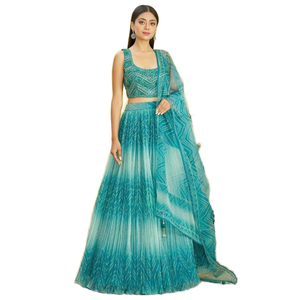 Impresionantes vestidos de recepción de organza bordados en azul Lehenga Choli - Product Image 1