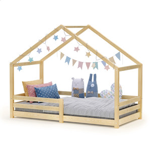 Lit cabane en pin massif pour enfants, inspiré des maisons de poupées, avec barrières de sécurité, pour les enfants de 1 à 6 ans, meubles de chambre à coucher - Product Image 1