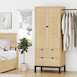 FONDLIVE Grand placard en bois autoportant Nouveau modèle <span class=keywords><strong>Armoire</strong></span> de rangement en <span class=keywords><strong>rotin</strong></span> naturel Vêtements Meubles <span class=keywords><strong>Armoire</strong></span> Appartement Chambre - Product Image 1