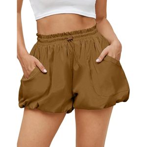 Womens High Waisted Bubble Shorts Drawstring <b>Elastic</b> Workout Athletic Summer Puffy Mini <b>Skirts</b> With Pockets Brown - Product Image 1