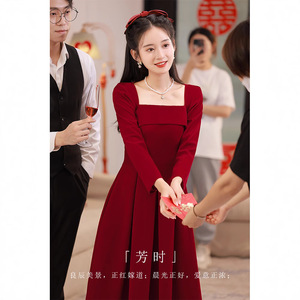 Burgundy Velvet A-Line Dress Boat Neck Natural Waist Folds Simple Design For Wedding Homecoming Autumn Winter - Product Image 4
