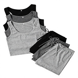 Women 2-Piece Lounge Set V-neck Sleeveless Striped Elastic Waist Shorts Knitted Cotton Spandex Summer Casual Wear - Product Image 3