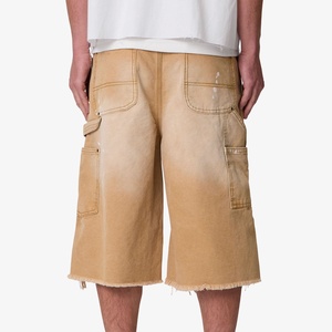 Shorts de travail baggy pour hommes, couleur kaki, effet éclaboussures de peinture, déchirés, ourlet effiloché, personnalisables OEM - Product Image 3