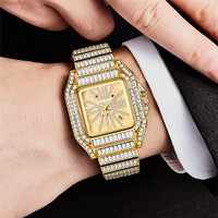 Montre à quartz pour homme tendance, bracelet carré en cristal baguette, date, ton or rose, Bling Orologio Uomo, montre-bracelet de luxe Hip Hop