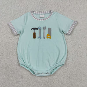 Sibling Baby Boys Embroidery Tools Top Checked Pockets Short <b>Clothes</b> Set Rompers - Product Image 5