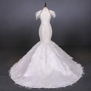 New Slim Fishtail Slimming Dress Luxury Handmade Beaded Ostrich Hair Wedding Dress Custom