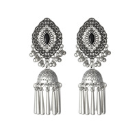 Boucles d'oreilles Jhumka vintage en argent pour femmes, boucles d'oreilles pendantes ethniques bohèmes avec pierre turquoise et pompon cloche, bijoux indiens de style gypsy