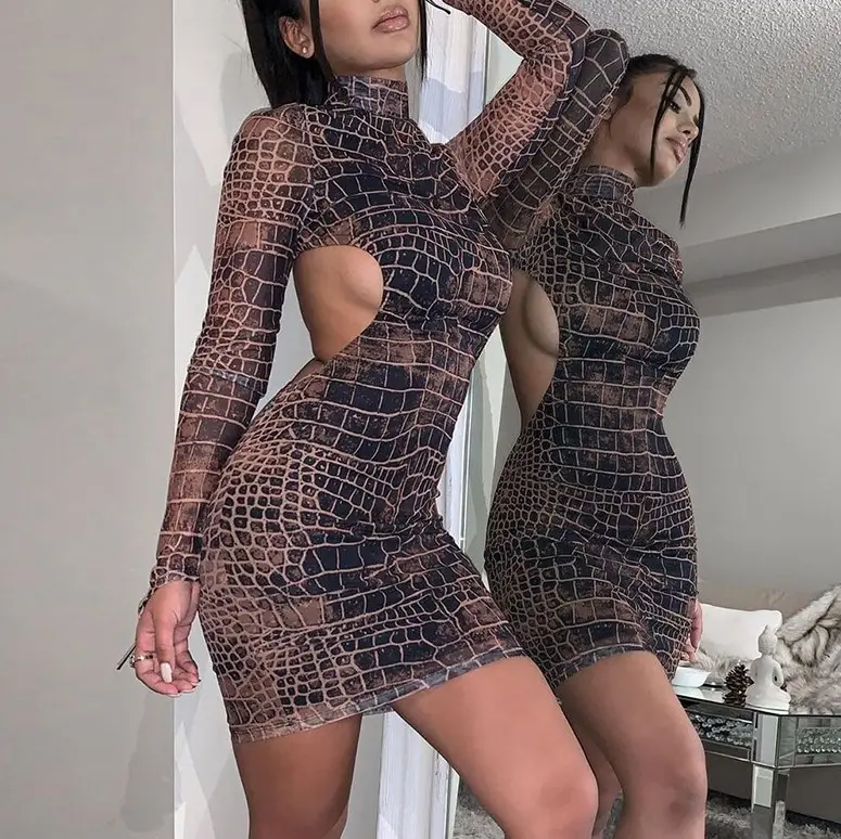 women sexy backless snake print round neck long sleeve dresses