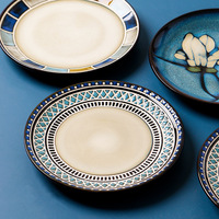Assiettes de service rétro en céramique peintes à la main, motif rayé, plusieurs couleurs, compatibles micro-ondes, avec glaçure transformée au four, vente en gros