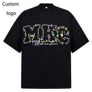 T-shirt floral brodé de perles personnalisé - Style européen et américain, coupe ample, col rond, manches courtes, pour hommes et femmes - Product Image 1