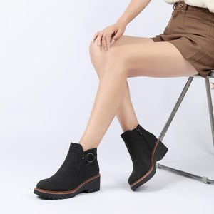 Damen Stiefeletten Round Toe Elegante Lederstiefel Chunky <span class=keywords><strong>Low</strong></span> Heel Rutsch fester kurzer Stiefel Herbst Winter Bootie mit seitlichem Reiß verschluss - Product Image 5