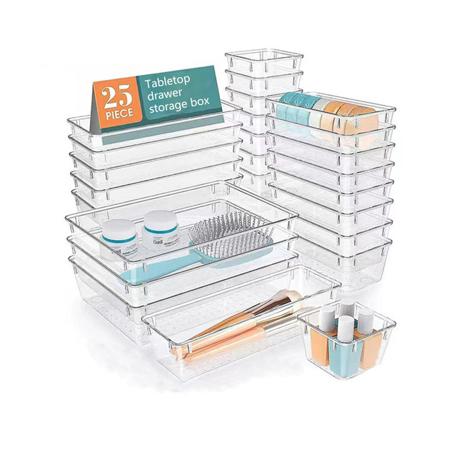 Modern Transparent PET Drawer Organizers Set 4 Sizes Stackable Design Multifunction Non-Slip Office Supply Desk Kitchen Storage