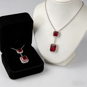 S925 Sterling Silver Lab-Created <b>Ruby</b> Pendant <b>Necklace</b>, Cushion Cut, 12×14 & 10×10 Stones, Rhodium Plated, Item No. ZHF-P1411R V - Product Image 1