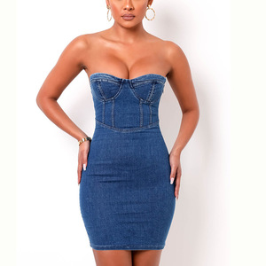 Abito in denim senza maniche con scollo a cuore, mini abito in <span class=keywords><strong>jeans</strong></span> aderente con spalline sottili e corsetto per feste e discoteche da <span class=keywords><strong>donna</strong></span> - Product Image 2
