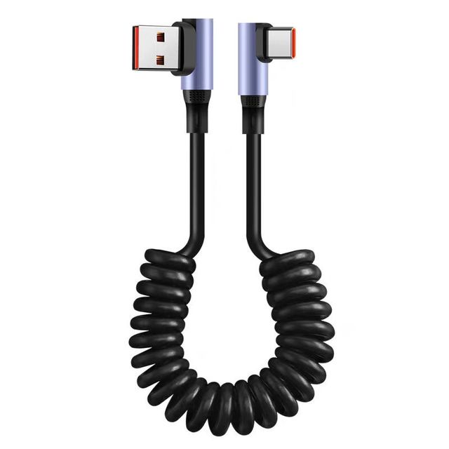 Factory Direct 90 Degree Coiled USB a to USB C Cable 6A Fast Charging Data Transfer Right Angle USB Type C Short Cable for Phone
