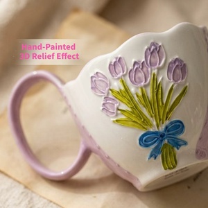 Modern Minimalist Rose Embossed <b>Large</b> Capacity Ceramic Cup Ceramic <b>Mug</b> 550ml Coffee Cup with American Style Handgrip Design - Product Image 5