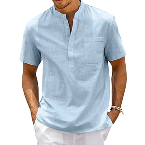 Summer New Plus Size Cotton Casual Breathable Short Sleeved Men's T-shirt Stand Collar <b>Button</b> Open OEM - Product Image 1