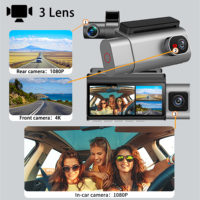 Caméra de tableau de bord Carlover 4K+1K+1K Fisheye AI 3 caméras IPS avec Wi-Fi 5G, vision nocturne avant/arrière, enregistrement en boucle, caméra de rétroviseur