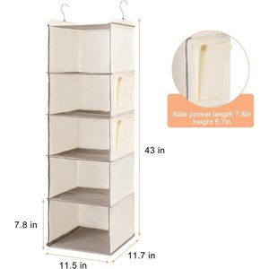 Organisateur de placard suspendu à 5 niveaux avec poches latérales, étagère de rangement pliable pour vêtements et serviettes de chambre à coucher, beige - Product Image 3