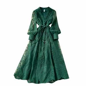 Vestido Midi Casual con Cuello en V y Manga Farol para Mujer, Colección Primavera 2025, con Bordado y Encaje, Color Negro - Product Image 6