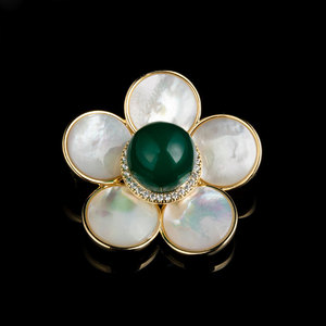 Flower Brooch Zinc Alloy Green Jade Center Pearl Petals Women's Fashion Accessory Gift - Product Image 4