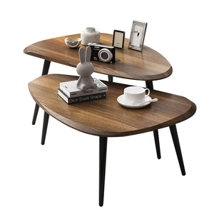 Creative Living Room <b>Coffee</b> <b>Table</b> Set Irregular Shape Nordic Minimalist Wood Top <b>Walnut</b> Black Stone Texture Small Size - Product Image 4