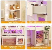 Table de maquillage moderne avec miroir à lumière LED, lumières RGB, prise de courant, plateau transparent et grand meuble de rangement