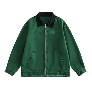 Jaqueta vintage com zíper para homens, jaqueta lavada pesada de alta qualidade com logotipo personalizado
