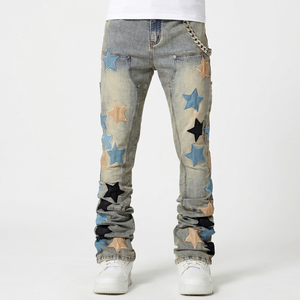 <b>Men's</b> Star Applique Distressed Breathable Customizable <b>Jogger</b> Pants Mid Waist Button Fly Street Style Unisex <b>Denim</b> - Product Image 1