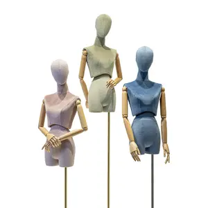 Wood Arm Fabric Cover Female Head Half-Body Mannequin Body Metal Base for Wedding Display Twist Split Waist Women Model