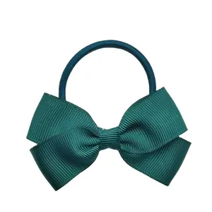 Handmade factory supplier grosgrain ribbon student uniform hair bow with elastic hair rubber band hair bobbles