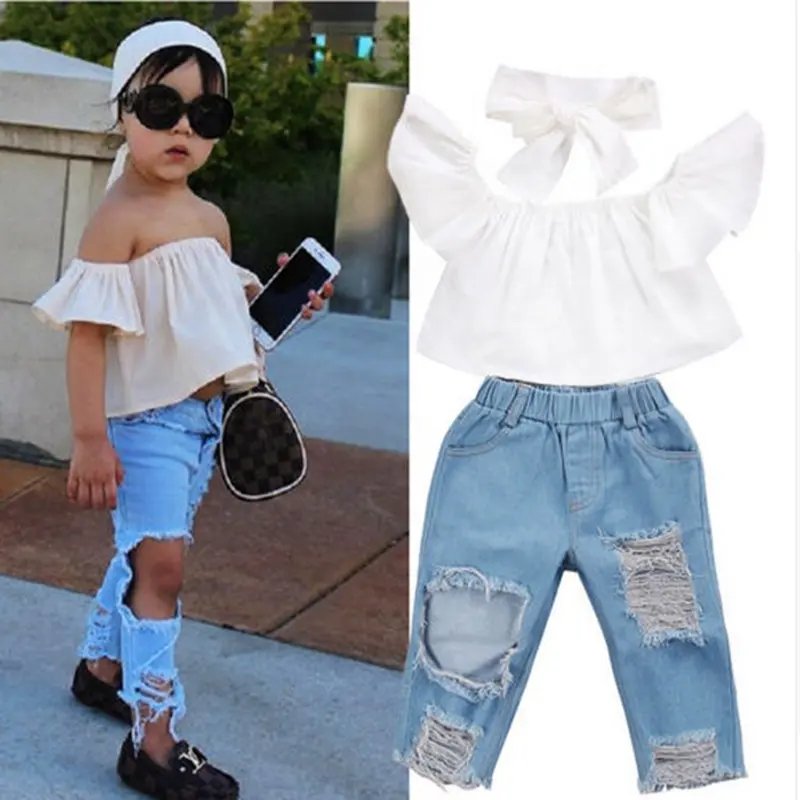 Toddler Kids Girl OffショルダーTank Tops + Denim Pant Hole Ripped Jean 2PCS Summer Children Clothing Set