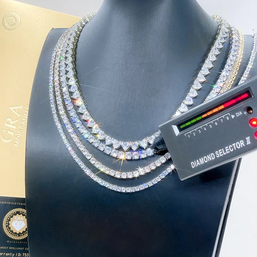 925 silver hip hop necklace 3mm 4mm 5mm tennis chain with D vvs clarity moissanite diamond necklace women mens link