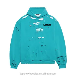 OEM Custom Drop Shoulder Blank Plain Cotton Oversized Wholesale Pullover Distressed Hoodie For Men