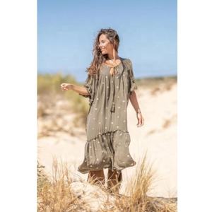 Acogedor, cómodo, hermoso, bohemio, gris, Maxi, adorno de lentejuelas, mangas con borde de volantes, decoración de encaje, trabajo, punto ecológico - Product Image 1