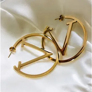 High Fashion Minimalist Exaggerated Gold Plated Titanium Steel Letter V Design Big Hoop Earrings For Women 2022 Trendy Jewelry