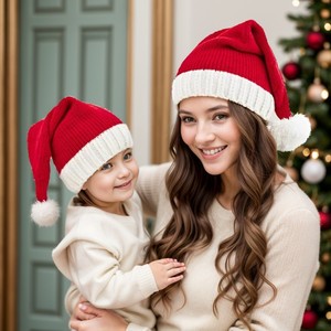 DDP Family Matching Christmas Knitted Pompom Red Beanie Baby and Mom Santa Hat Cap Xmas Parent-Child Hat Santa Crochet Hats - Product Image 3