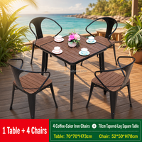 Ensemble de salle à manger pour jardin et terrasse, 5 pièces, table basse carrée 70 cm, plateau couleur bois, pieds métalliques coniques, 4 chaises à lattes, commande en gros
