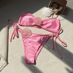 JSN JSN Solid Glitter Bandeau 3D Flower Two piece Plus Size Quick Dry Breathable Women's Sexy Bikini Swimwear