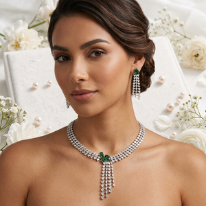 Luxury Brass <b>Silver</b> Plated Emerald Green Cubic Zirconia <b>Choker</b> Necklace Dangle Earrings Bridal Jewelry Set for Women - Product Image 2