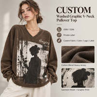 Sweat-shirt personnalisé à col en V pour femme, en jersey épais, imprimé graphique délavé, à épaules tombantes, manches longues, style décontracté
