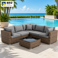 Ensemble de canapé d'extérieur modulaire en rotin tressé en forme de L avec table basse et 5 coussins pour patio